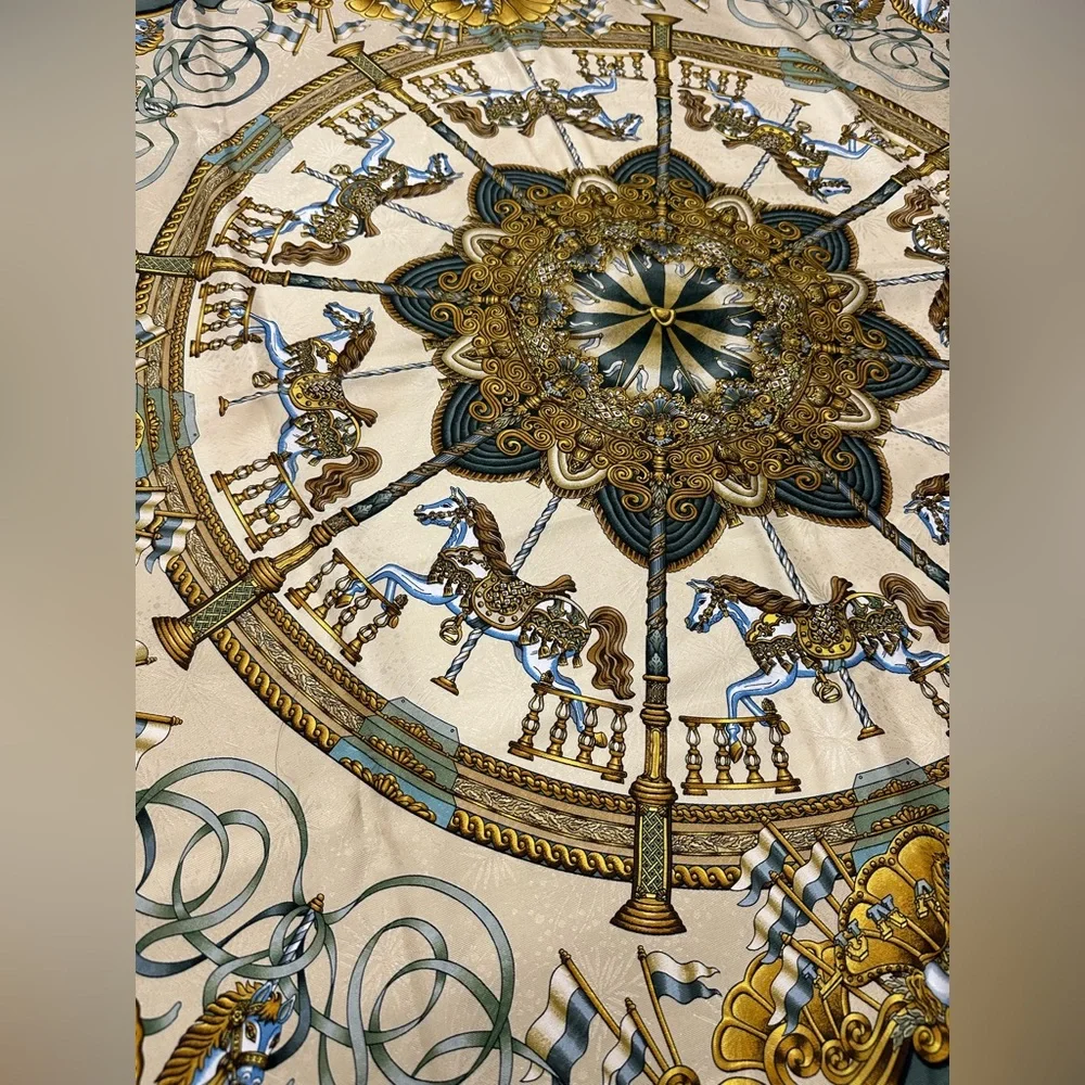 Hermes Silk Reversible Opera Scarf LUNA PARK Carrousel Print; 70.5x11.5" - Picture 8 of 13